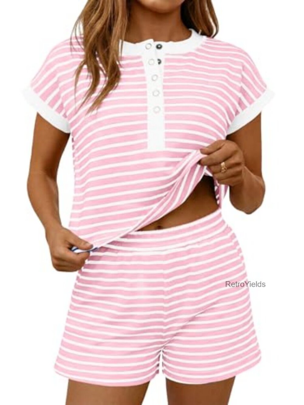 Women's Striped 2 Piece Shorts Set Snap Button Henley Loose Workout Lounge